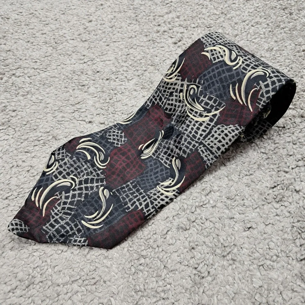 JRR Factory Direct Apparel Mens Silk Tie Burgundy‎ Grey Abstract Geometric USA